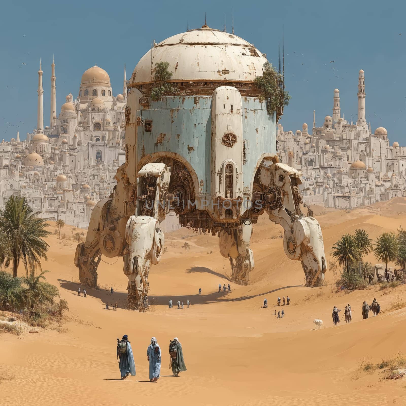 Giant walking machine shaped like a building crosses a golden desert near a city of domes and minarets, surrounded by people in traditional robes.