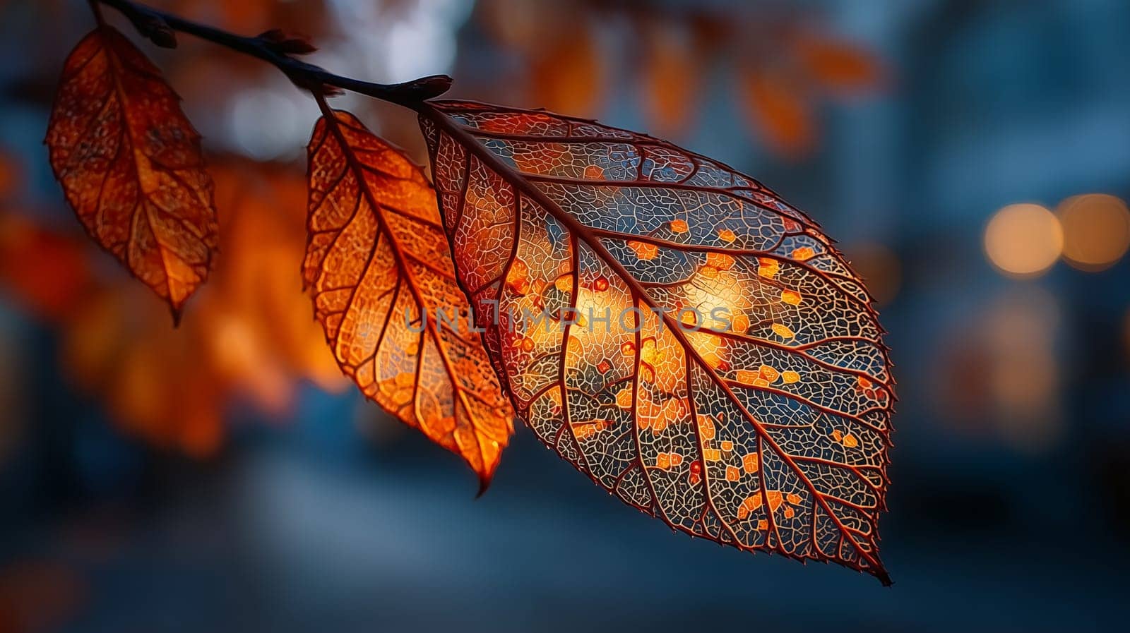 Close-up of translucent orange leaves illuminated from behind, revealing intricate vein patterns. Soft bokeh background enhances the dreamy autumn mood.