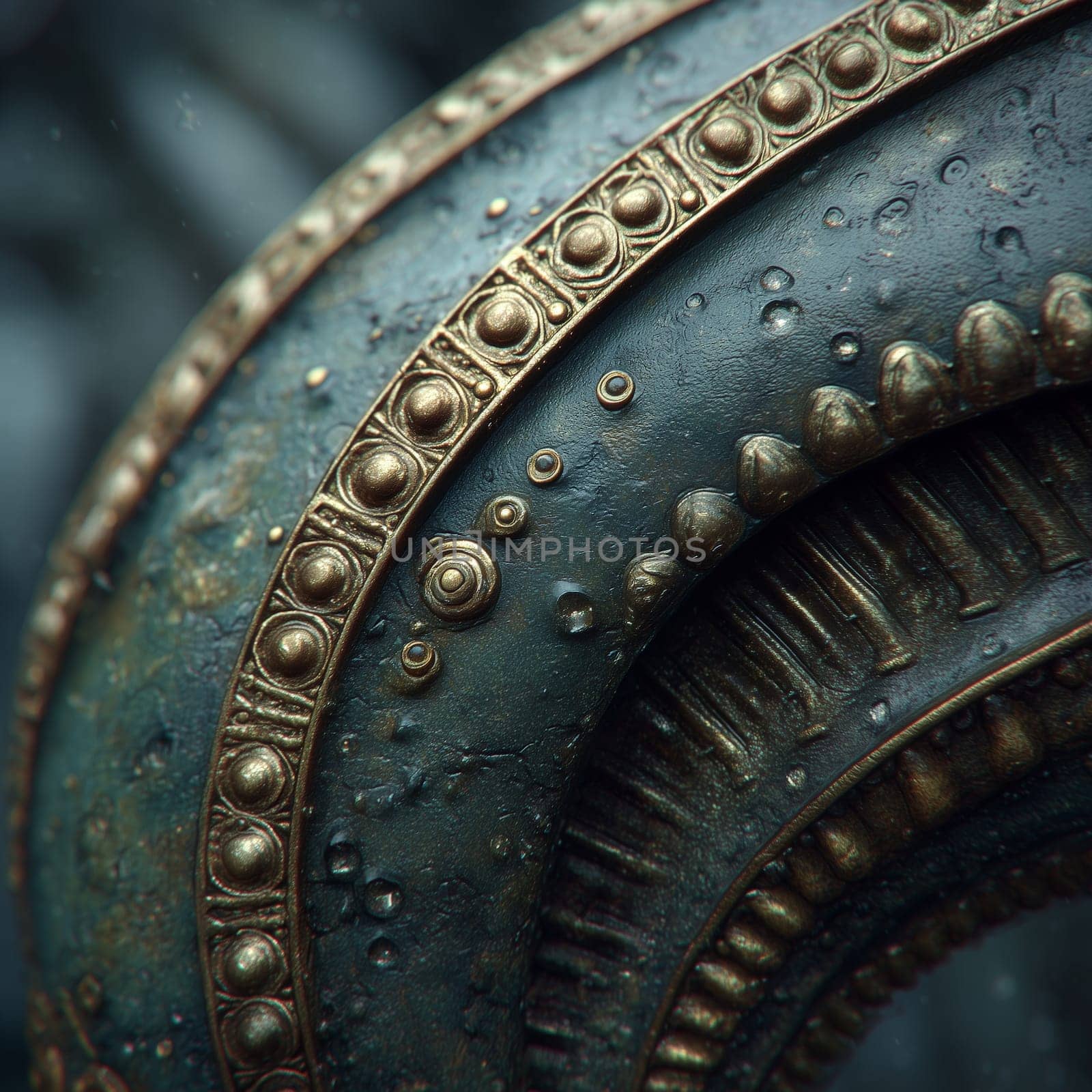 Close-up of aged metal surface with intricate embossed patterns and decorative golden elements, showing weathered texture and fine craftsmanship.
