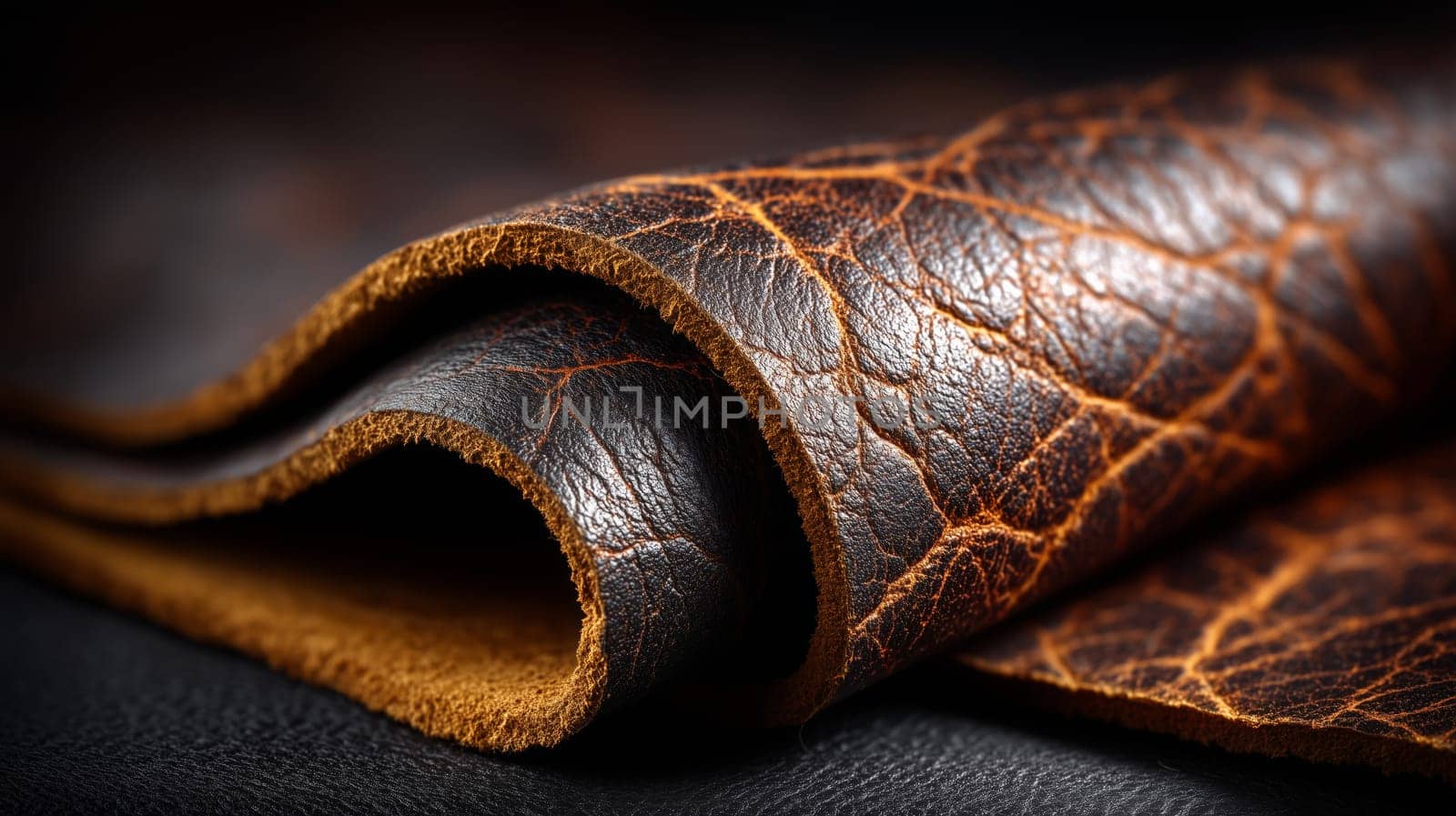 Macro shot of premium brown leather with a rich texture, showcasing the detailed surface and natural creases of the material.