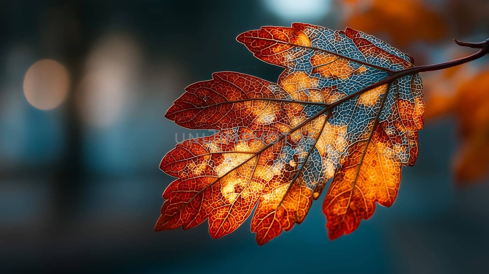 Close-up of a vibrant autumn leaf with orange, red, and blue hues, illuminated from behind to highlight detailed vein structure. Soft bokeh background.