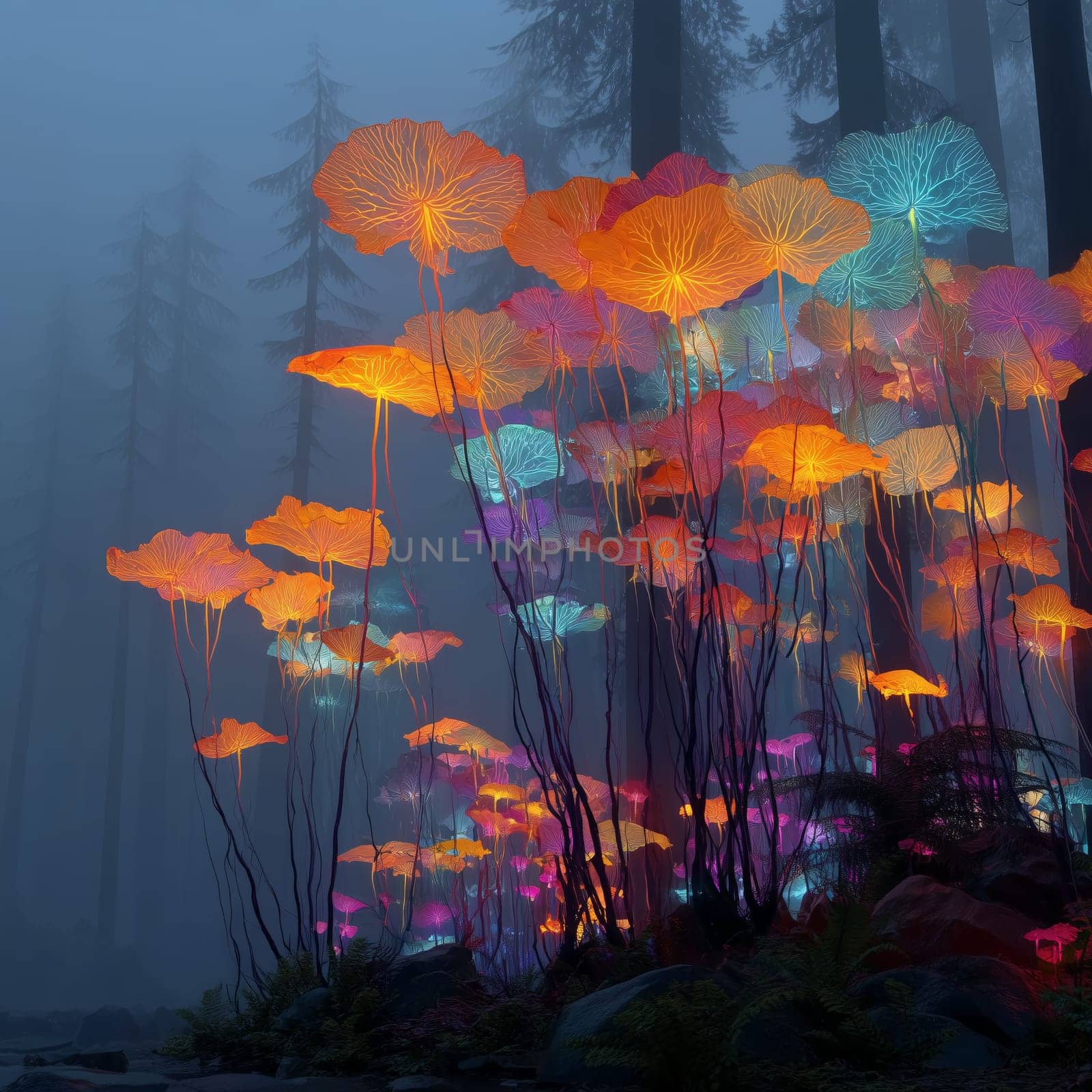 Towering bioluminescent mushrooms glow in vivid orange, teal, and purple tones within a mystical foggy forest, creating a surreal dreamlike atmosphere.