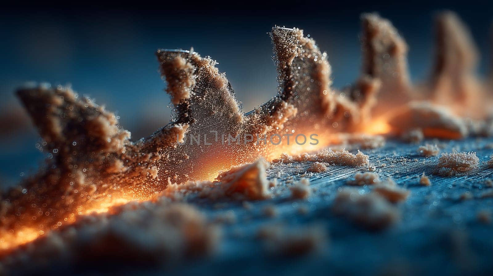 Macro shot of a saw blade with wood shavings and fine dust, illuminated by soft light, highlighting the sharp teeth and textures of the metal and wood particles.