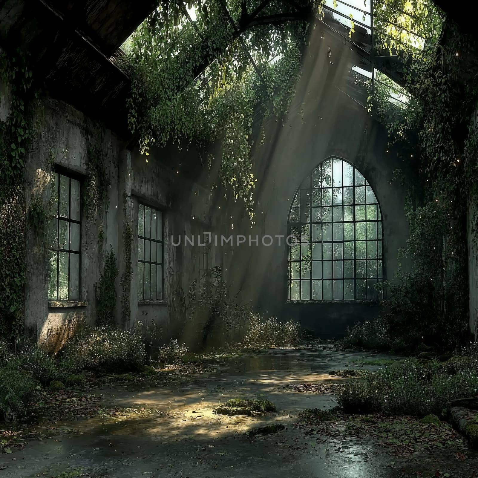 Sunlight streaming through a broken roof into an abandoned industrial space, overgrown with moss, vines, and wild plants on a damp concrete floor.