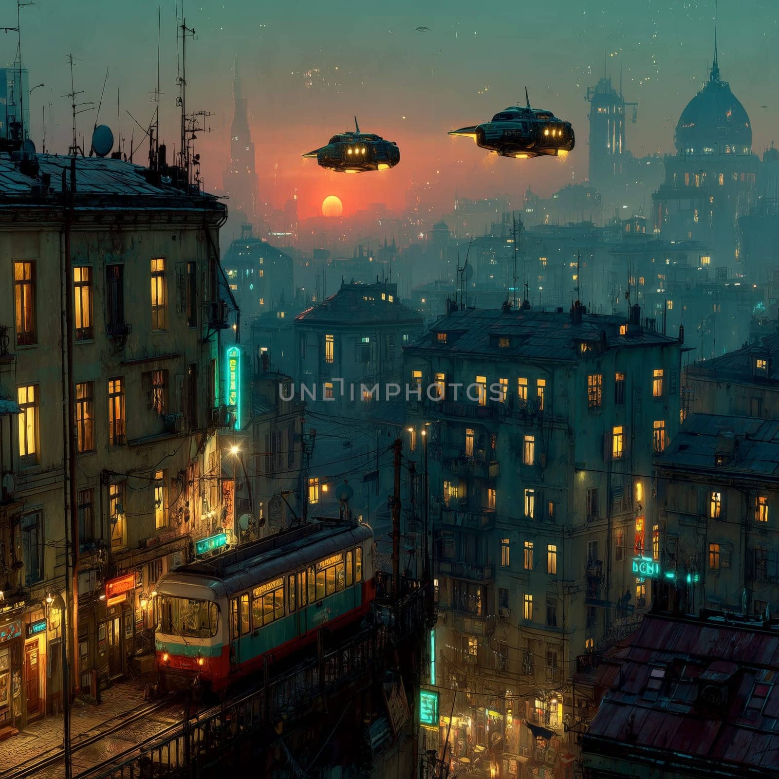 Atmospheric cyberpunk cityscape at sunset featuring glowing windows, retro tram on elevated tracks, and two flying cars above the rooftops.