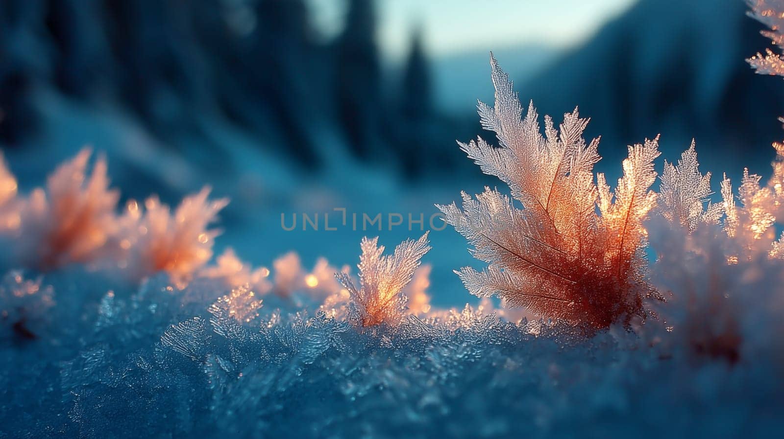 Delicate frost-covered plants shimmer in the warm light of sunrise on a snowy field, with soft focus trees and mountains in the background.