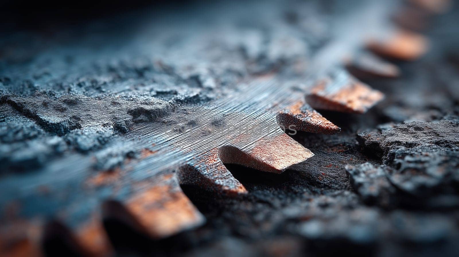 Macro image of a rusty circular saw blade covered in oxidation and dust, highlighting worn metal teeth and rough industrial texture.