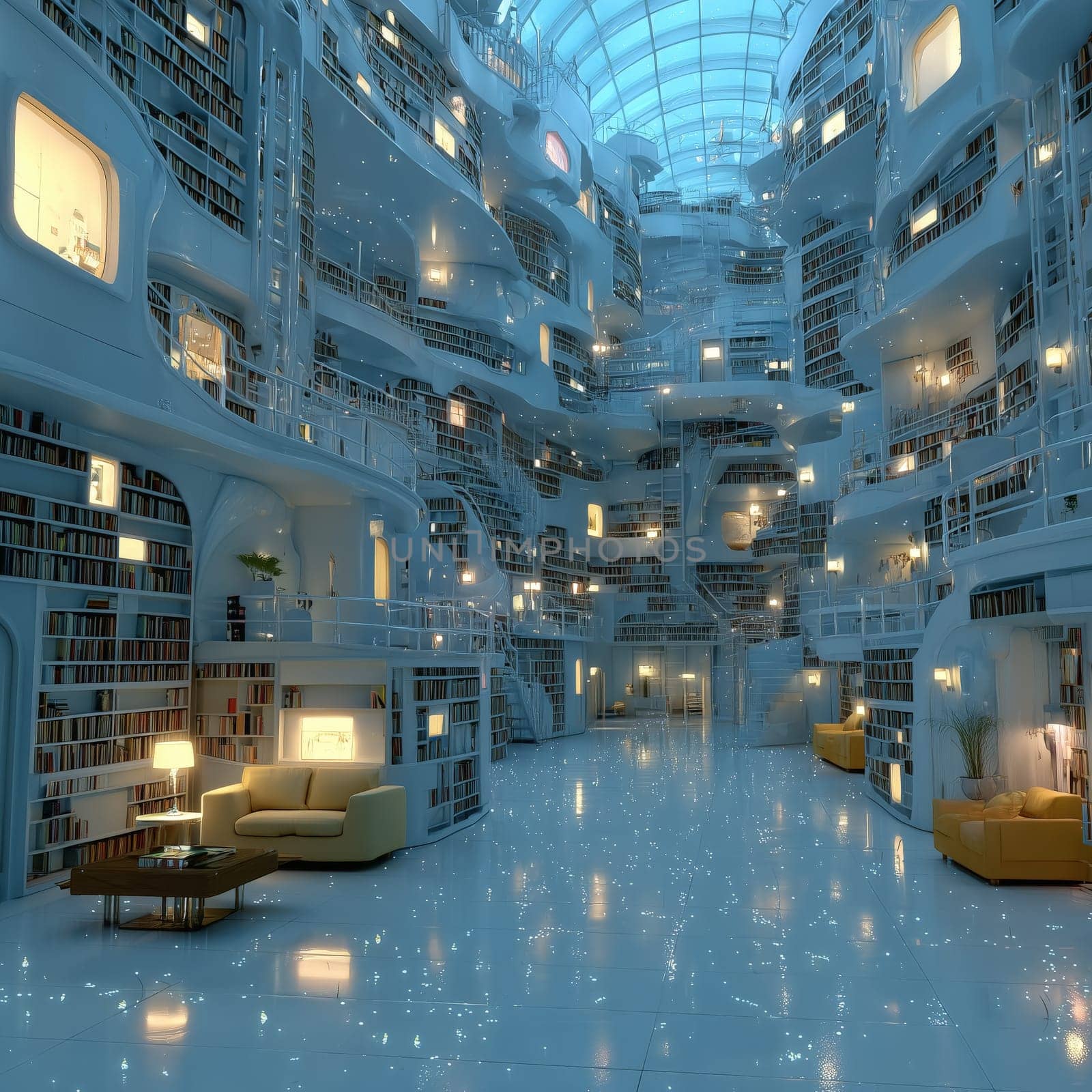 Bright and spacious sci-fi-inspired library with smooth white surfaces, curved bookshelves, cozy reading areas, and a star-like glowing floor. No people.