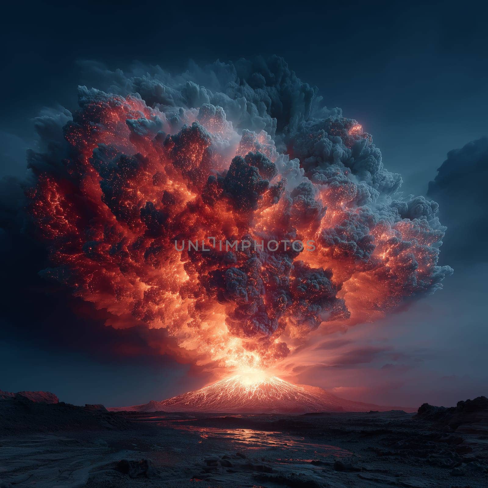 Intense volcanic explosion with a towering ash and lava cloud lighting up the night, as molten rivers flow down the mountain and illuminate the barren terrain.
