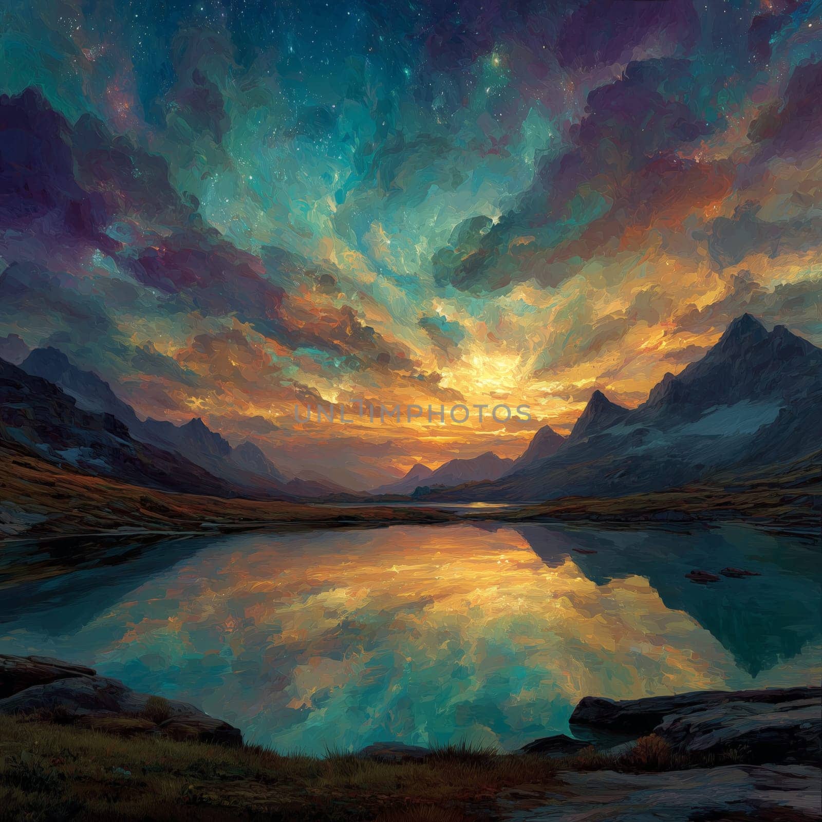 Digital fantasy landscape with a glowing sunset sky and dramatic clouds mirrored in a calm alpine lake surrounded by mountain silhouettes.