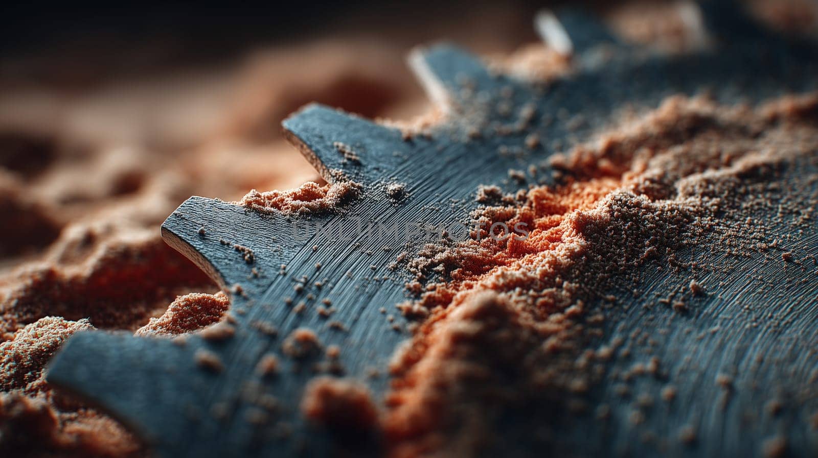A macro shot of a saw blade covered in wood shavings, showcasing the intricate details of the metal teeth and the fine sawdust scattered around.