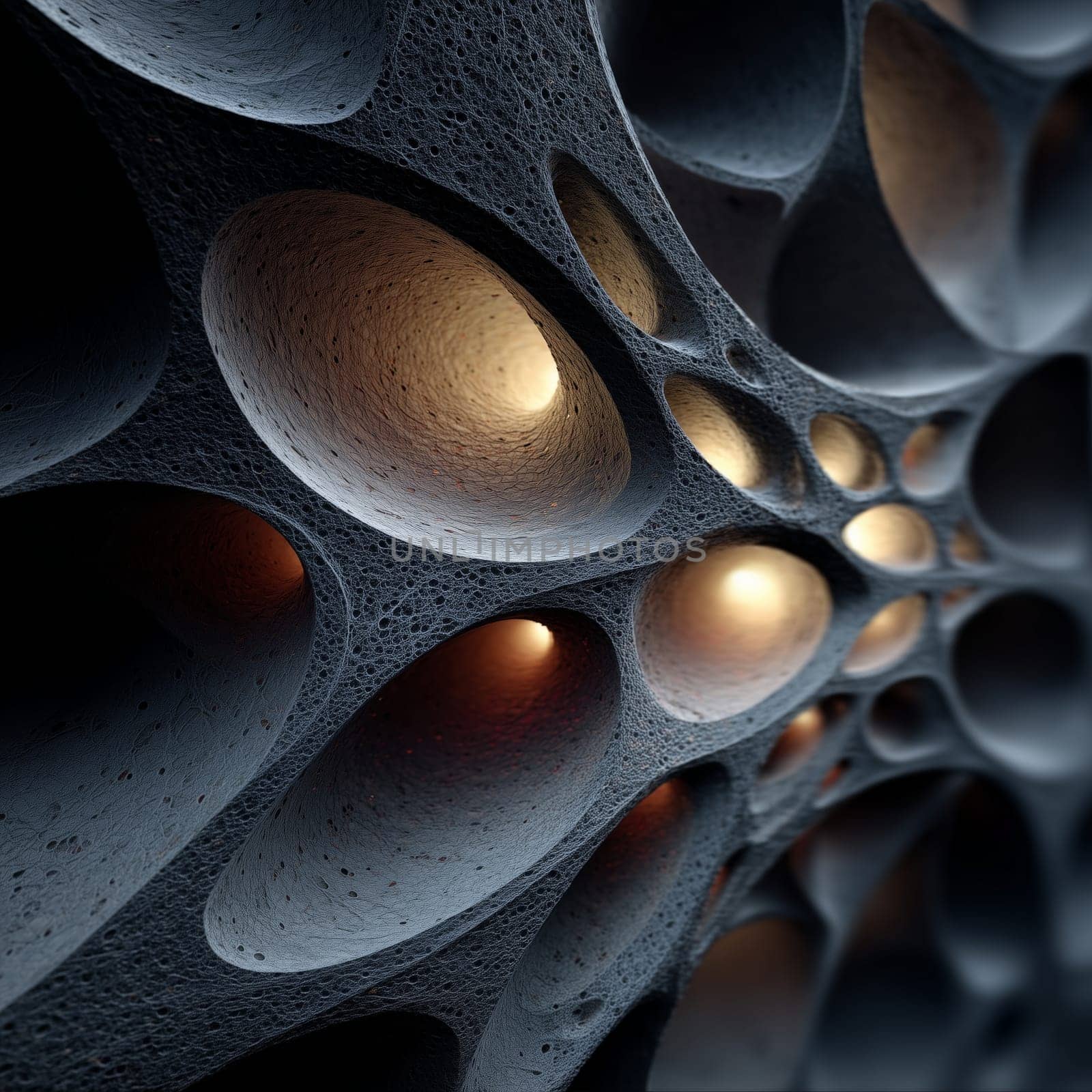 Futuristic abstract surface with porous, organic-like cells and glowing interiors, resembling a microscopic or alien biological texture with dramatic lighting.