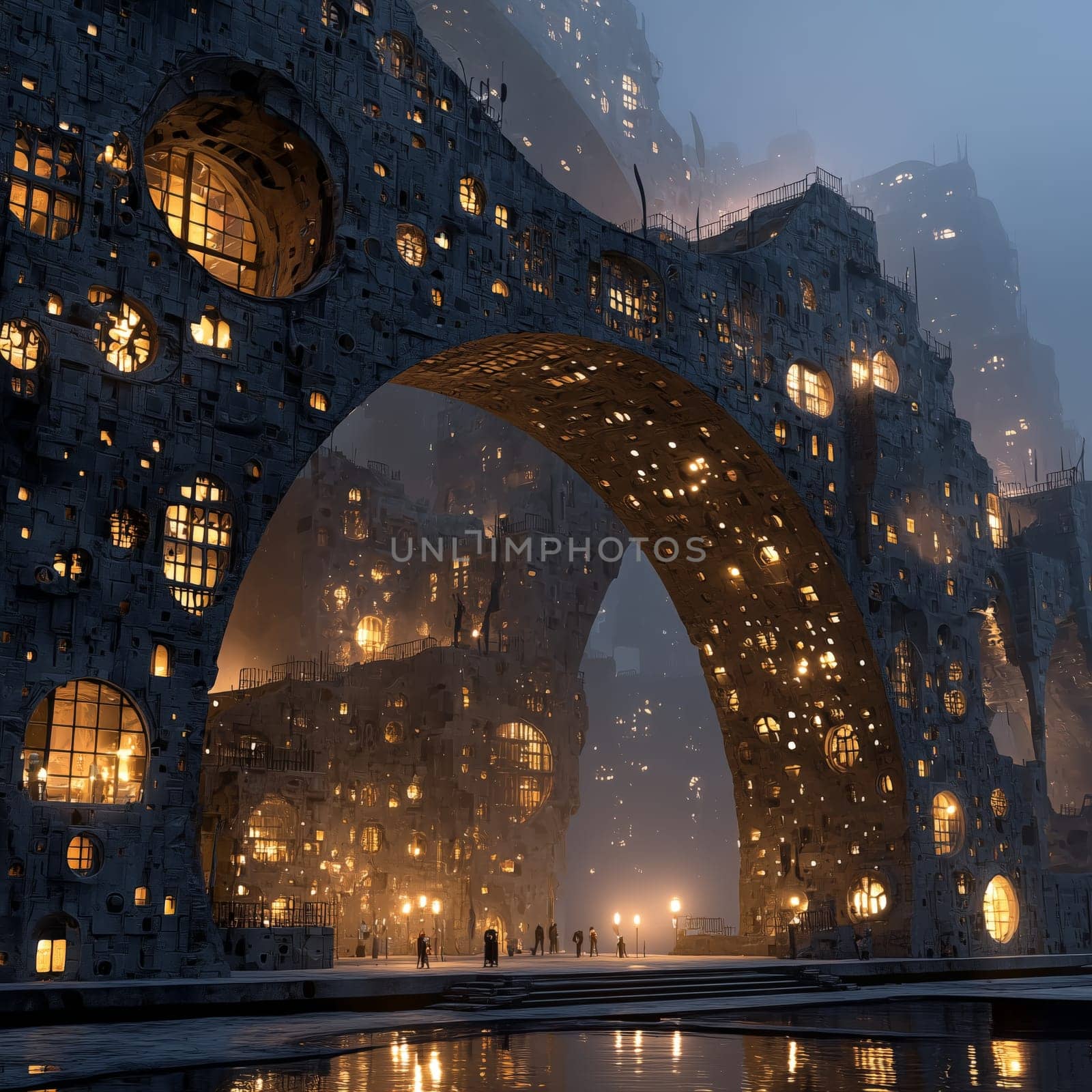 Enormous futuristic arch structure filled with glowing windows and lit interiors. Figures walk below in a surreal cityscape at dusk, shrouded in fog.