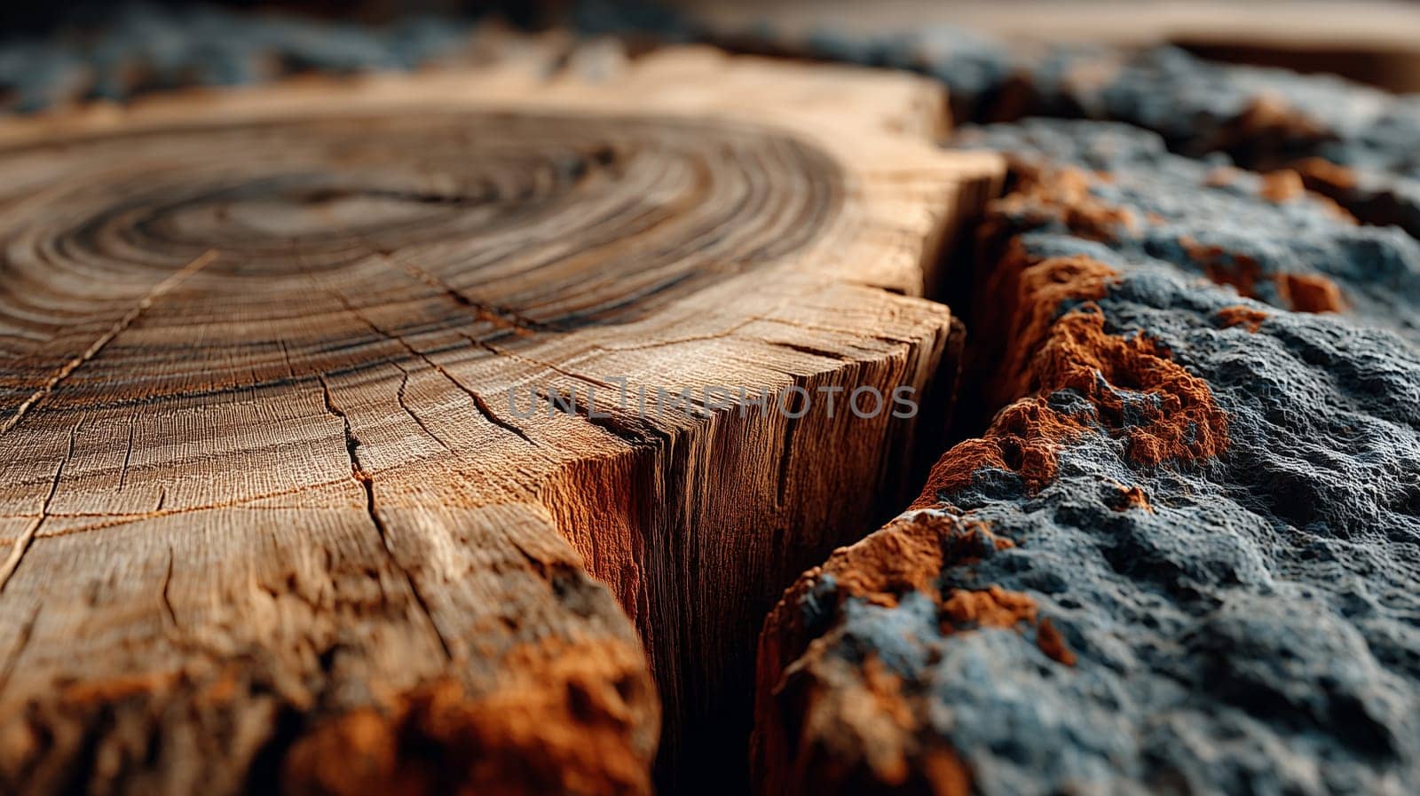 Macro shot of a tree stump showing detailed growth rings, cracks, and rugged bark texture in warm sunlight. A close view of natural wood structure.