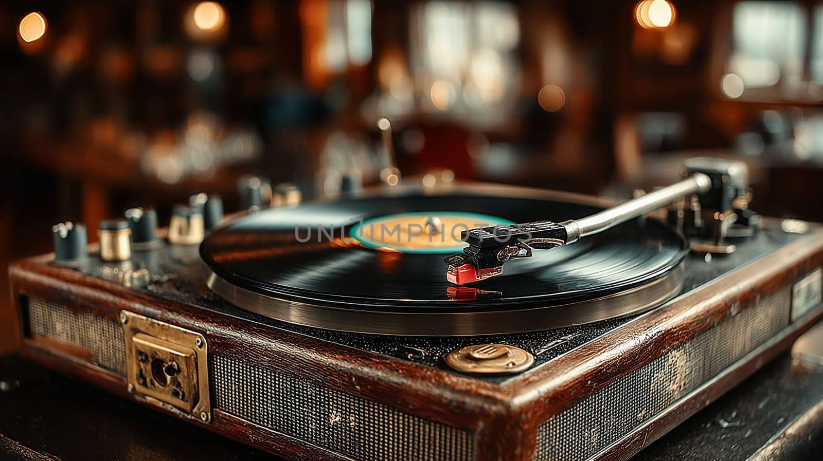 Close-up of a classic vinyl record playing on a retro wooden turntable with analog controls. Warm background bokeh in a cozy vintage interior.