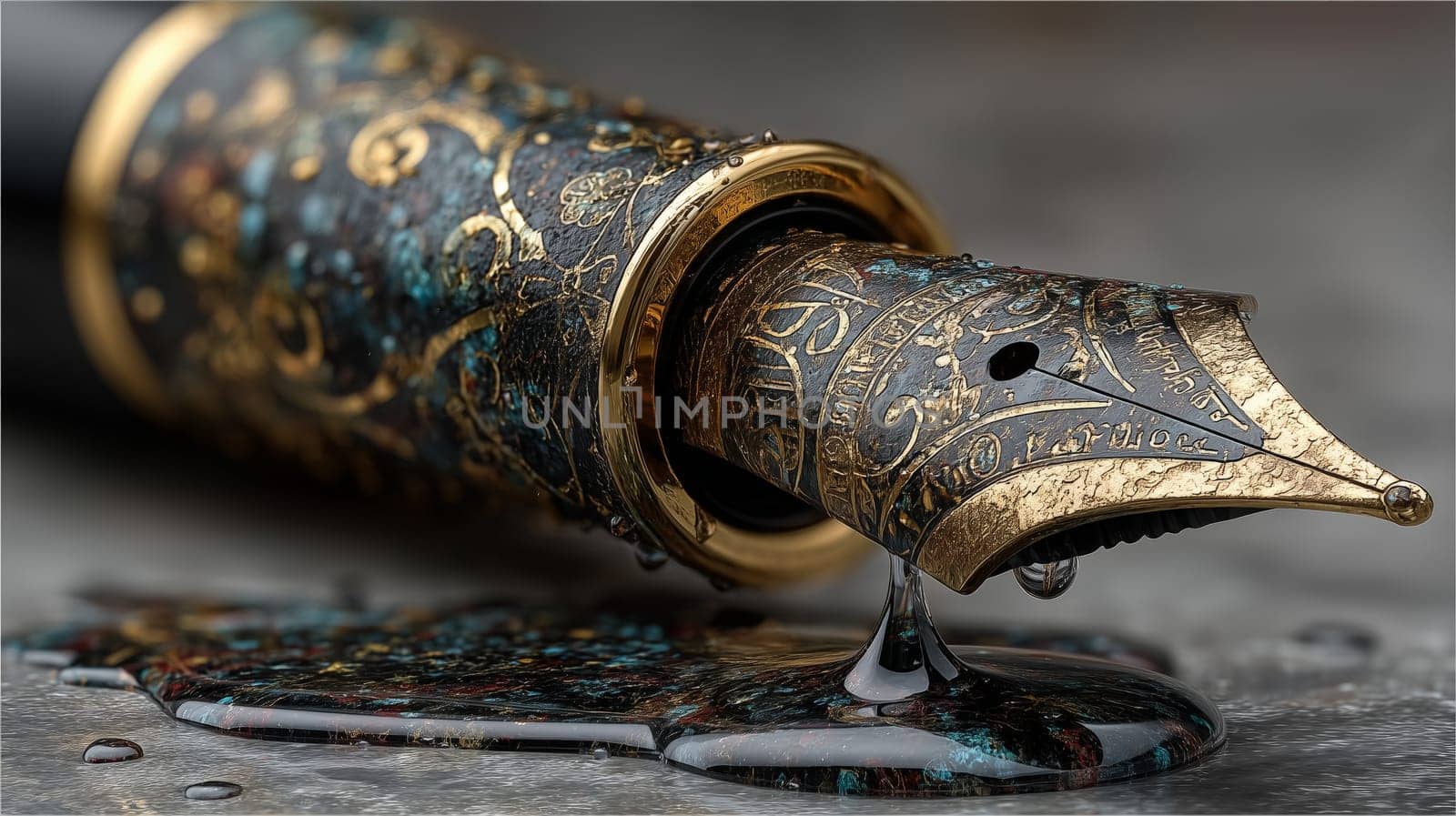 A detailed close-up of a vintage fountain pen with intricate engravings and an ink droplet forming on the nib, showcasing its classic design.