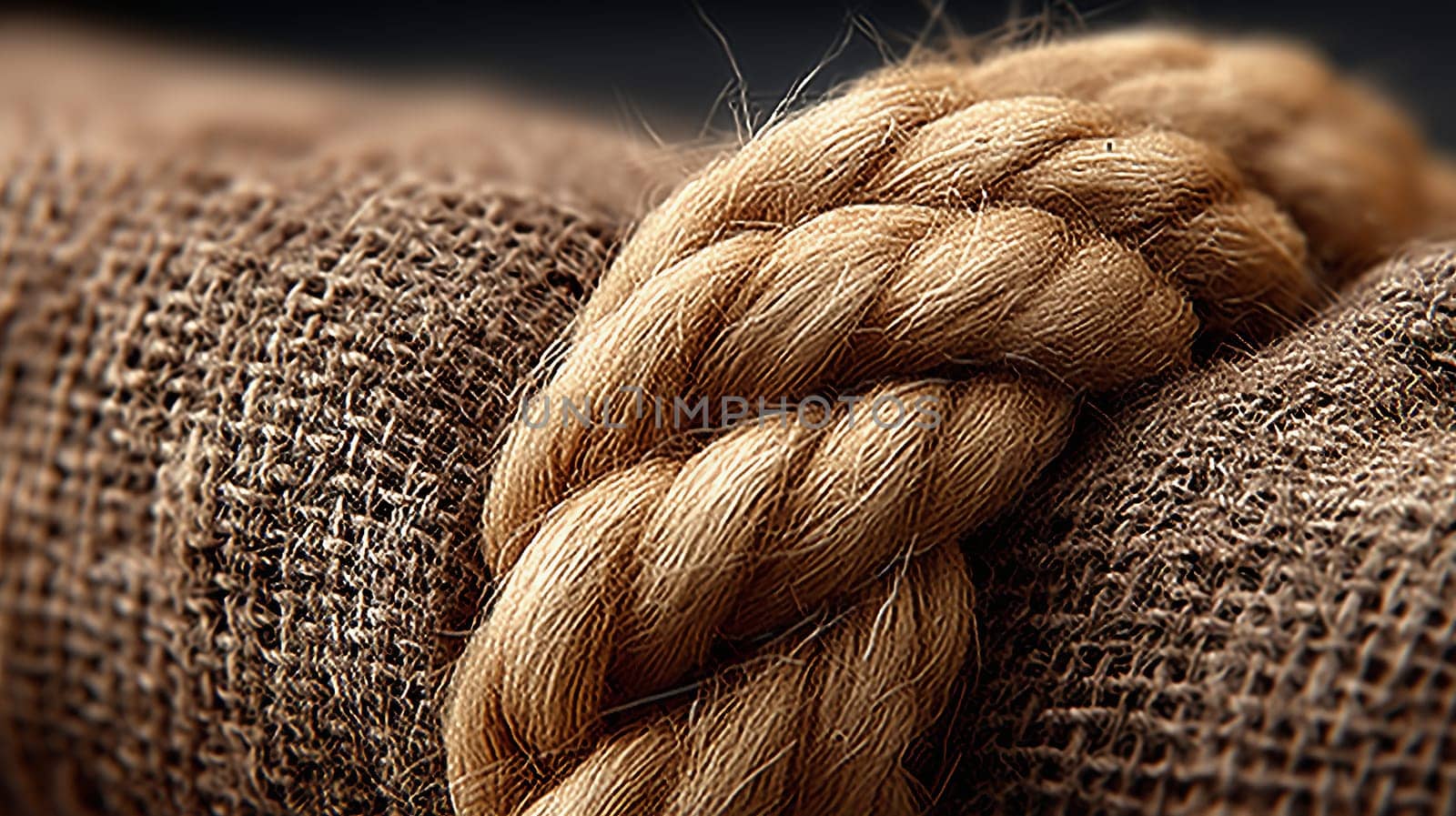 Macro shot of a jute rope knot tied on burlap fabric, highlighting the texture of the natural fibers and intricate weaving.