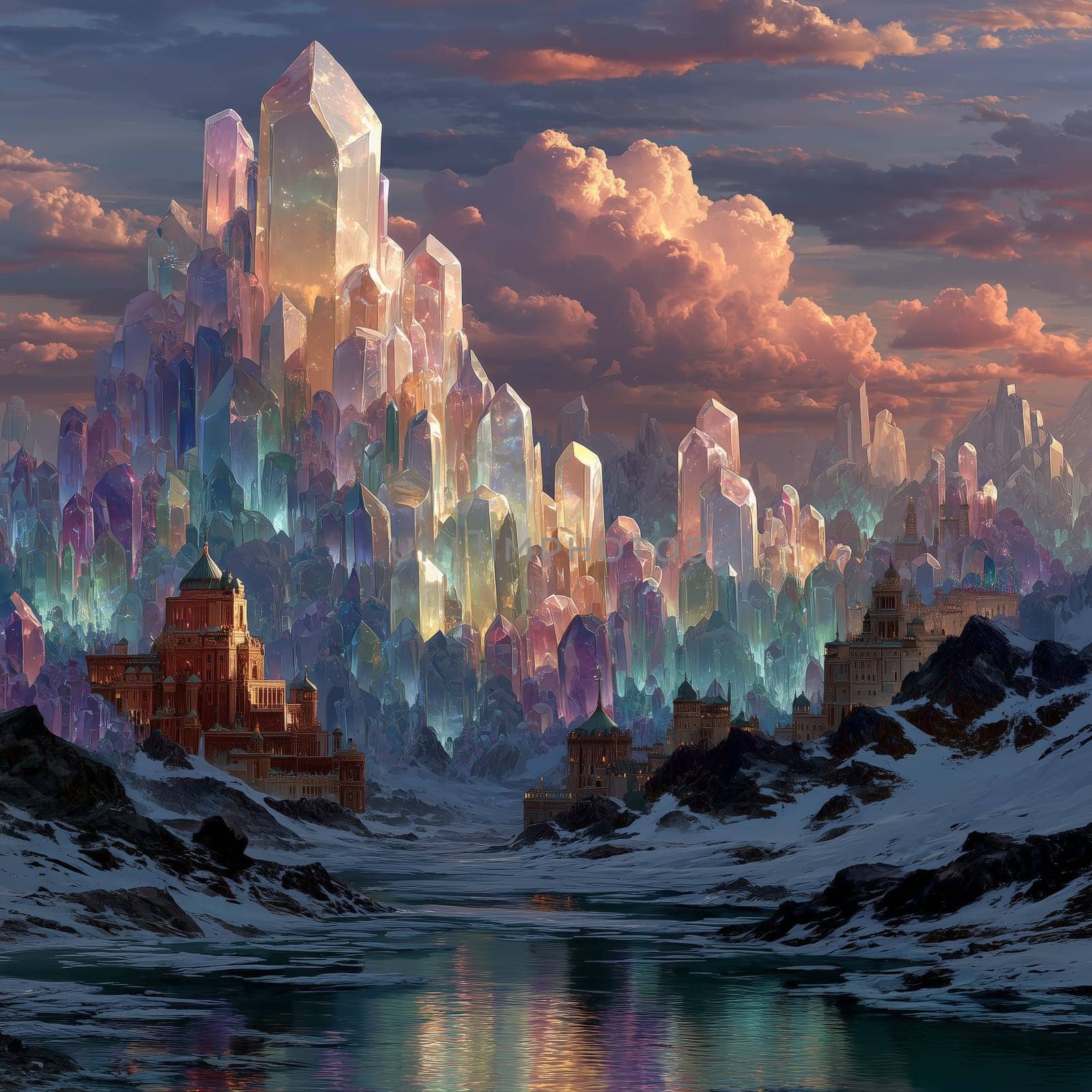 Towering crystal formations rise from a fantasy city in snowy mountains, glowing with iridescent colors under a dramatic twilight sky.