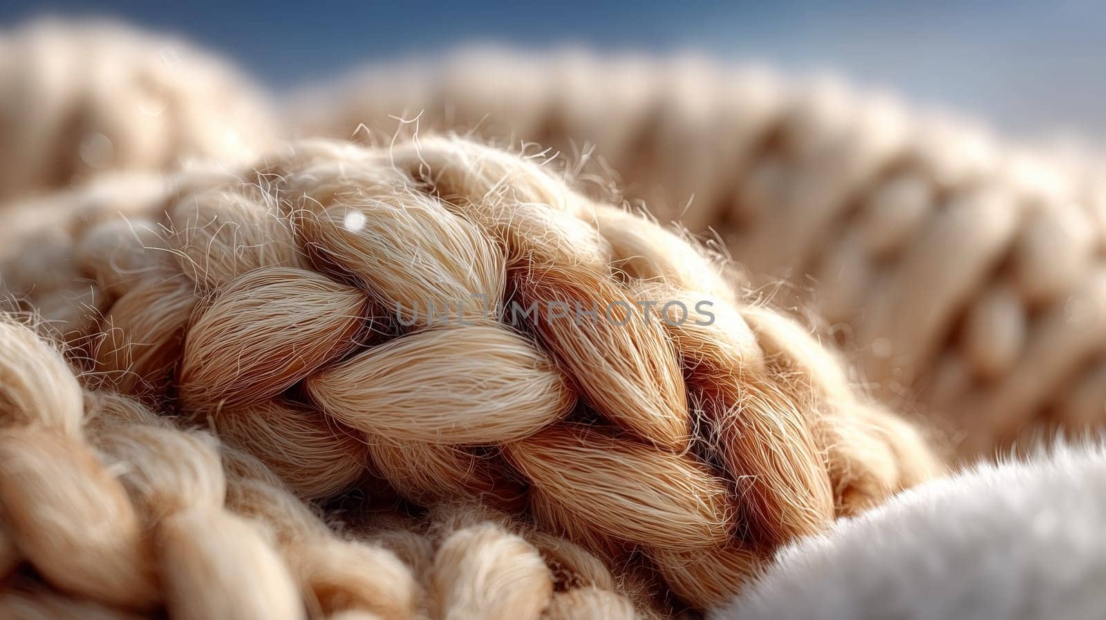 Close-up of thick braided beige yarn with delicate fibers and a soft fuzzy texture, captured in warm natural lighting with a blurred background.