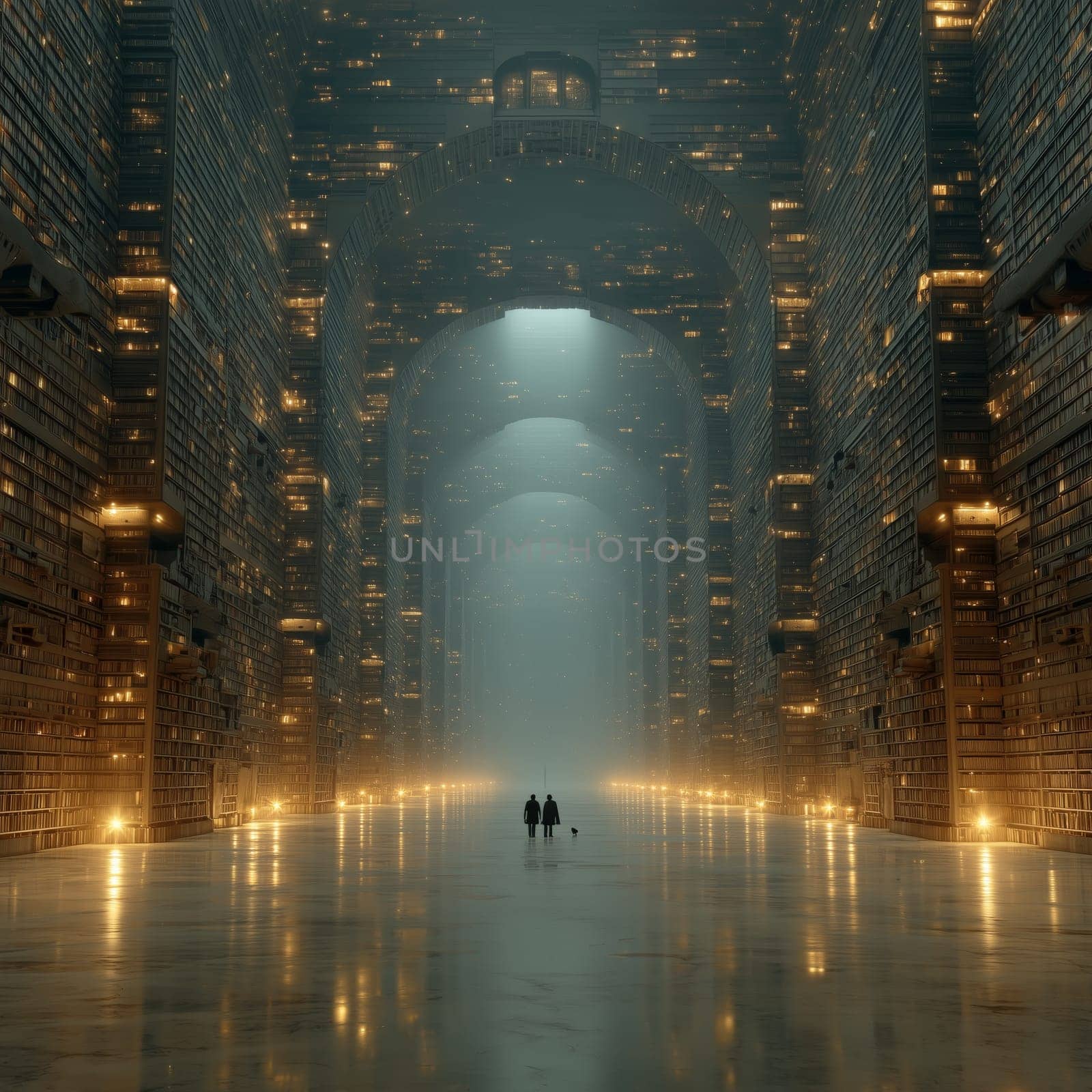 Immense, surreal library with endless illuminated bookshelves, arched ceilings, and a glowing pathway. Two small figures and a dog walk through the vast hall.