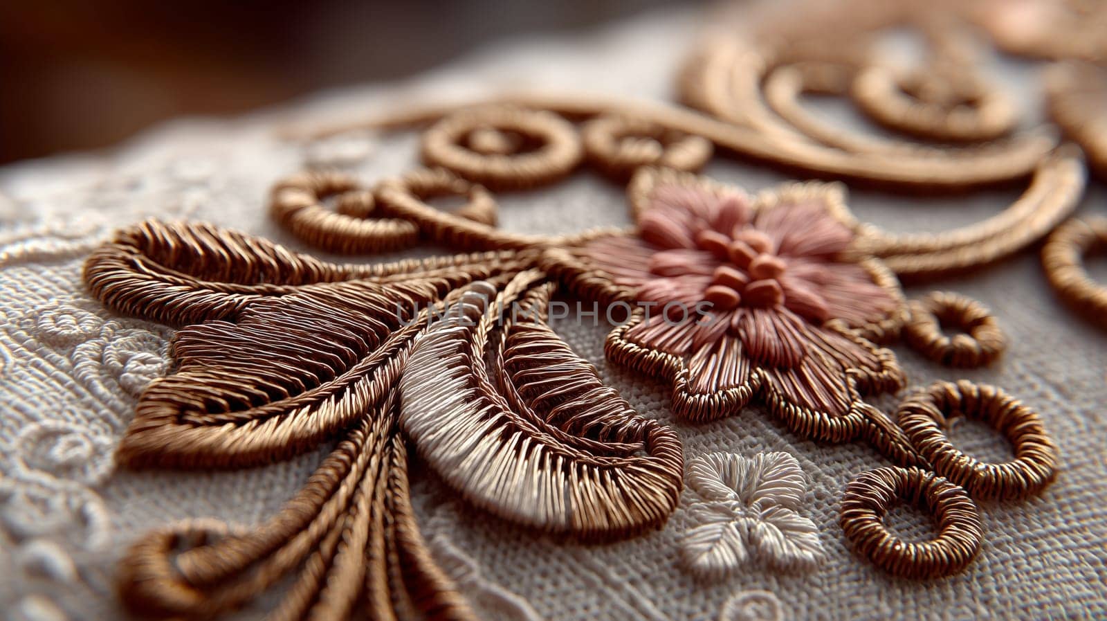 Macro view of ornate floral embroidery in gold and burgundy thread on textured fabric, showcasing fine stitching and decorative craftsmanship.