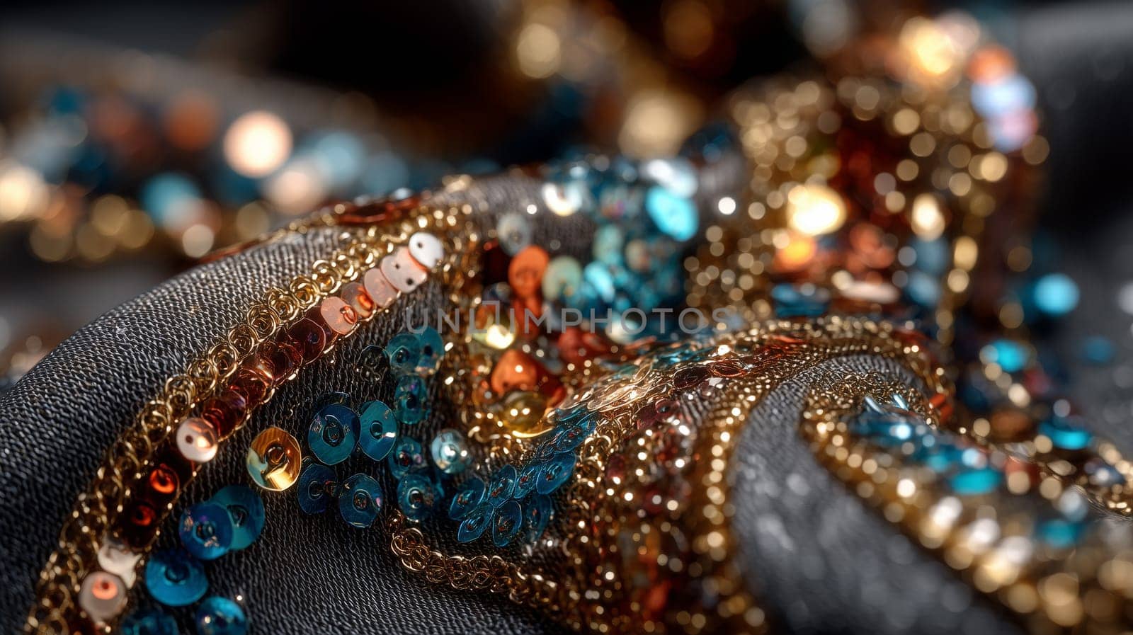 Close-up of dark fabric decorated with blue, copper, and gold sequins and metallic chain embroidery. Rich texture and vibrant, festive sparkle.