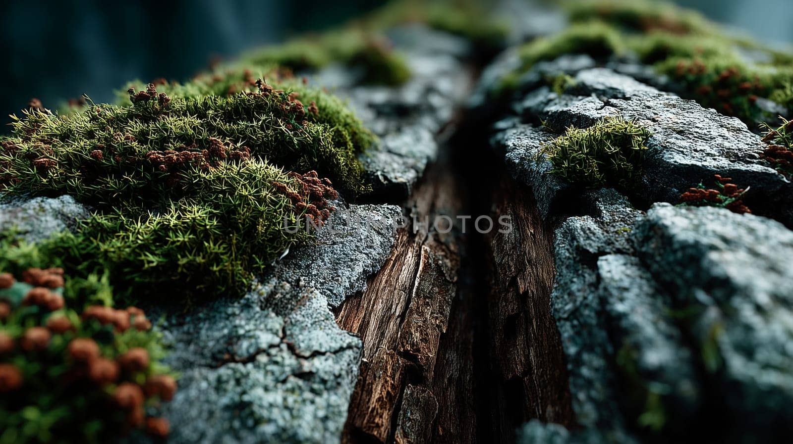 Macro image of green moss and reddish lichen growing on cracked, textured tree bark with a deep crevice, showing natural forest decay and microhabitat detail.