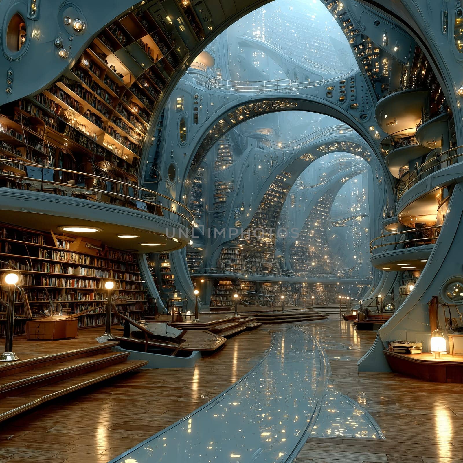 Sci-fi inspired library with sweeping arches, illuminated bookshelves, and polished wood floors creating a surreal and elegant atmosphere. No people present.