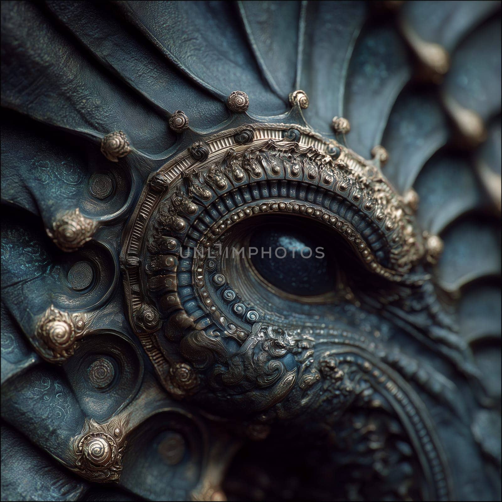 Close-up of a surreal, intricately detailed eye-like structure with metallic textures and ornate patterns, resembling a fusion of sculpture and biology.
