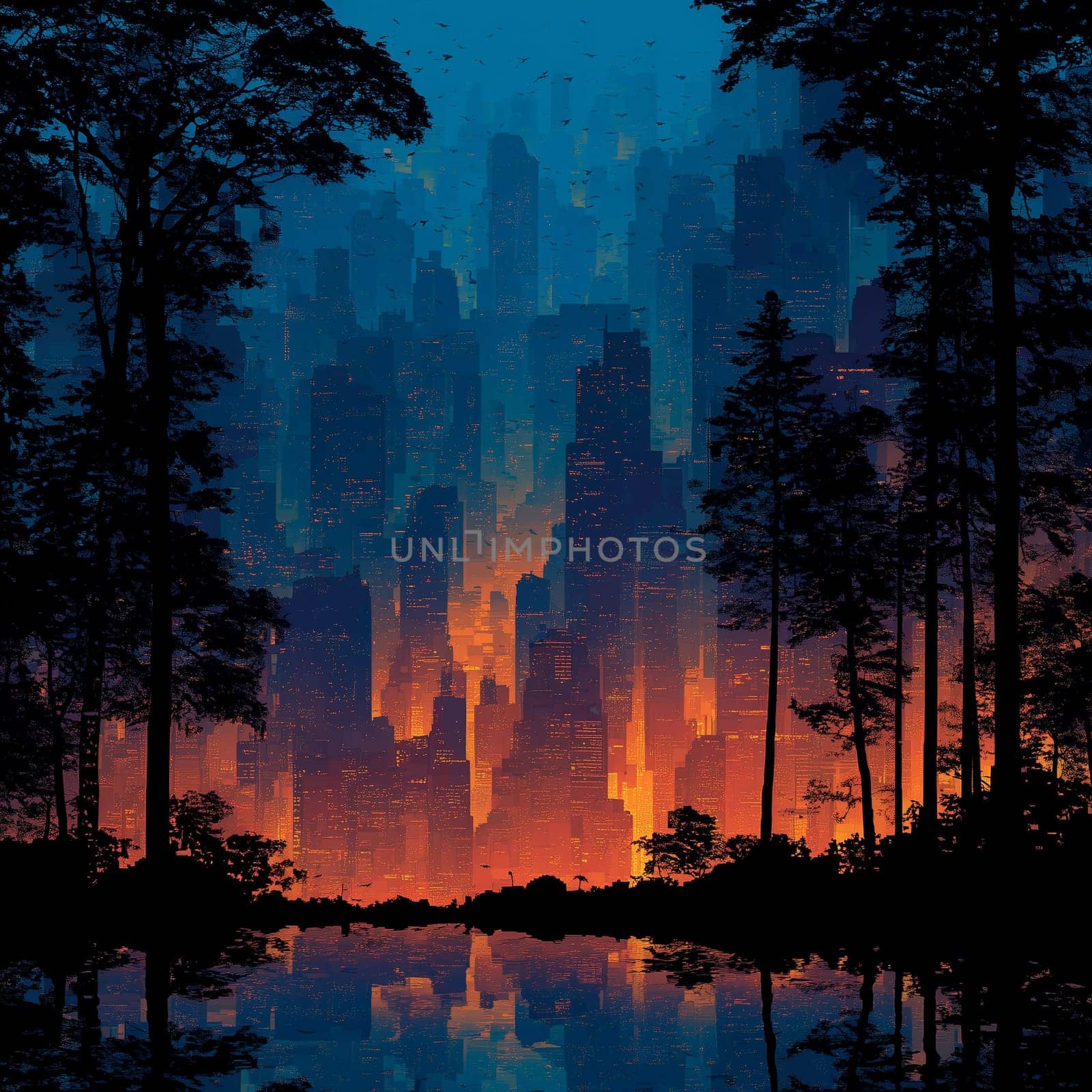Stylized futuristic skyscrapers rise behind tall forest trees, glowing in warm hues at dusk with reflections on a calm lake surface.