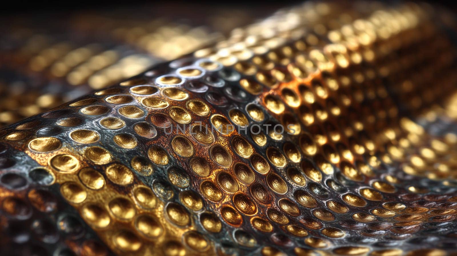 Close-up of a shiny metallic surface featuring raised golden circular patterns and a rippling texture, creating a luxurious and abstract background.