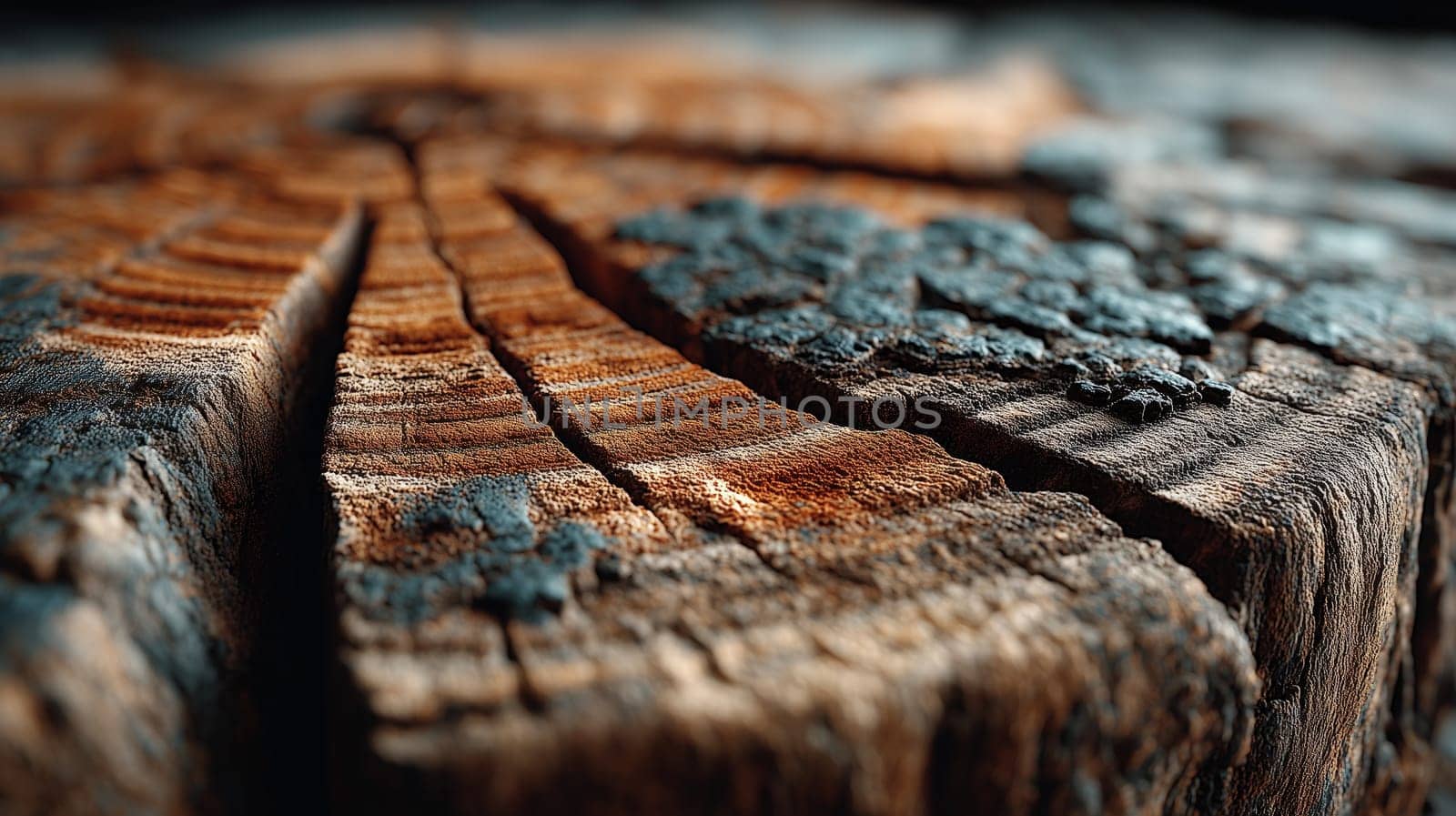 A detailed close-up of a weathered tree stump showcasing cracks, growth rings, and rough texture, with a mix of natural wood and aged surface.
