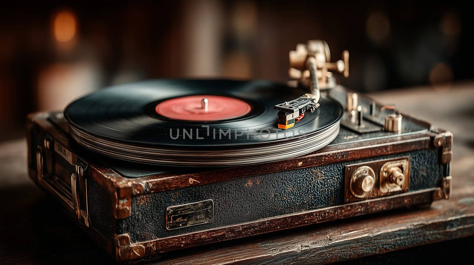 Close-up of a retro turntable playing a black vinyl record with a red label. The player has a worn wooden casing and sits on a rustic wooden surface.