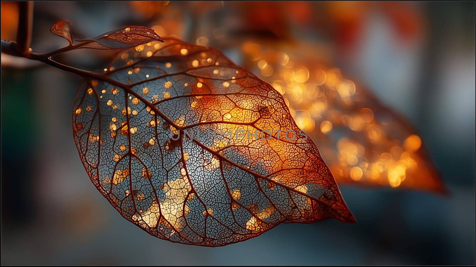Close-up of a delicate autumn leaf showing intricate vein patterns, backlit by warm sunlight with a golden bokeh background creating a magical atmosphere.