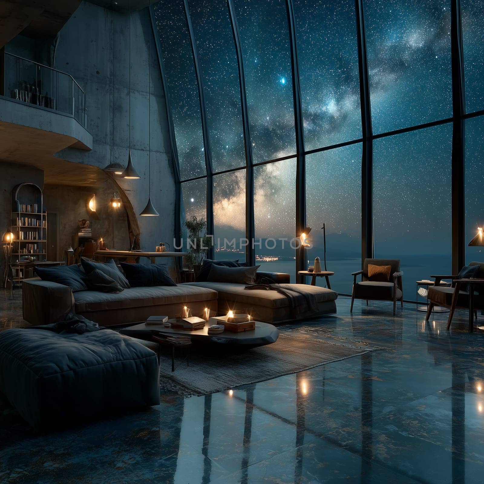 Stylish open-concept loft with cozy furniture and warm lighting, featuring a huge glass wall overlooking the Milky Way and ocean at night. No people visible.