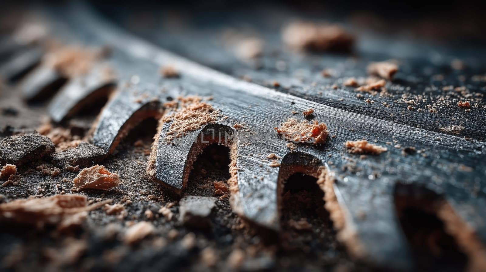 Macro shot of a saw blade?s teeth with wood shavings scattered around it, capturing the fine details of the cutting edge and sawdust.