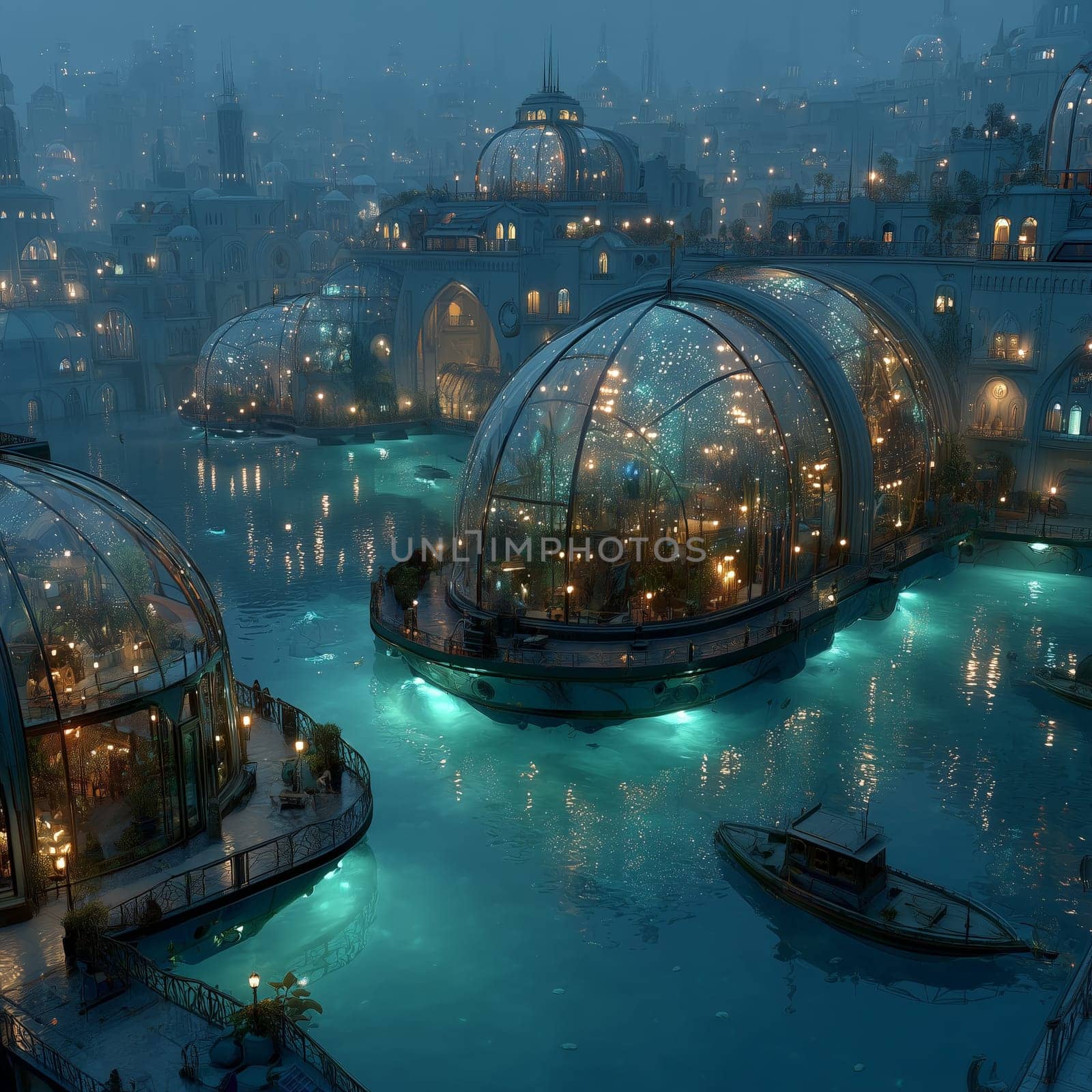 Dreamlike canal city with illuminated glass domes, glowing water, and ornate architecture. Peaceful and futuristic atmosphere. No people visible.