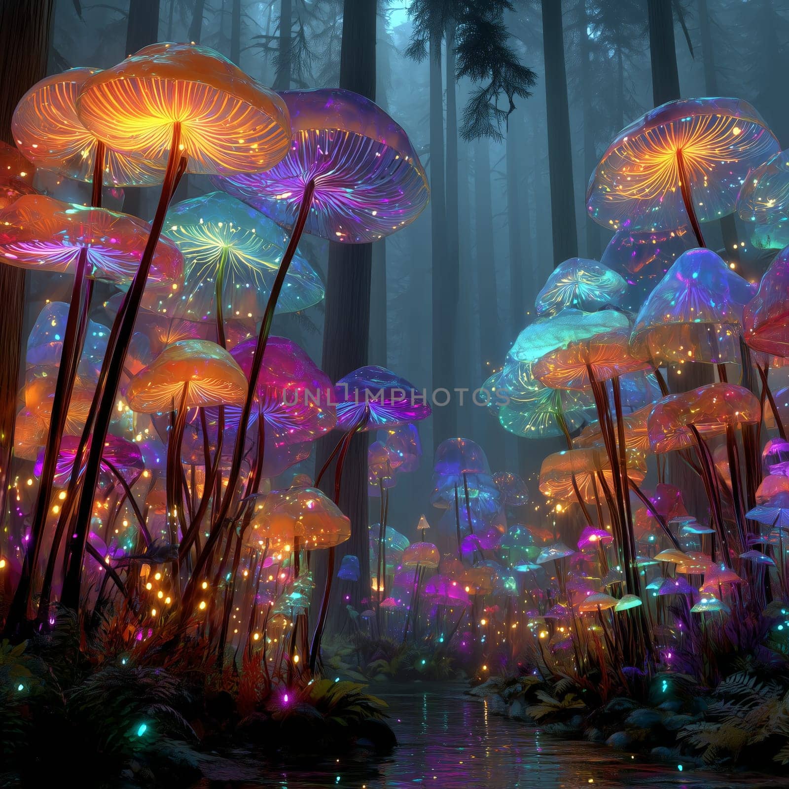 Enchanted forest scene with bioluminescent mushrooms glowing in vivid rainbow colors above a misty stream, set against a dark pine woodland.