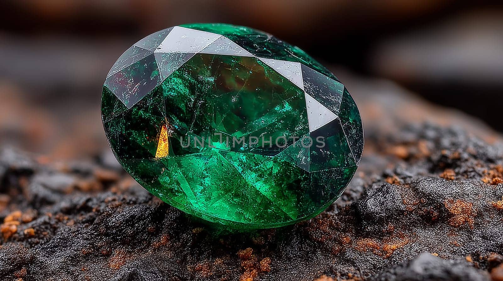 A detailed close-up shot of a beautiful green emerald gemstone with intricate facets, showing its vibrant color and crystal clarity against a dark background.