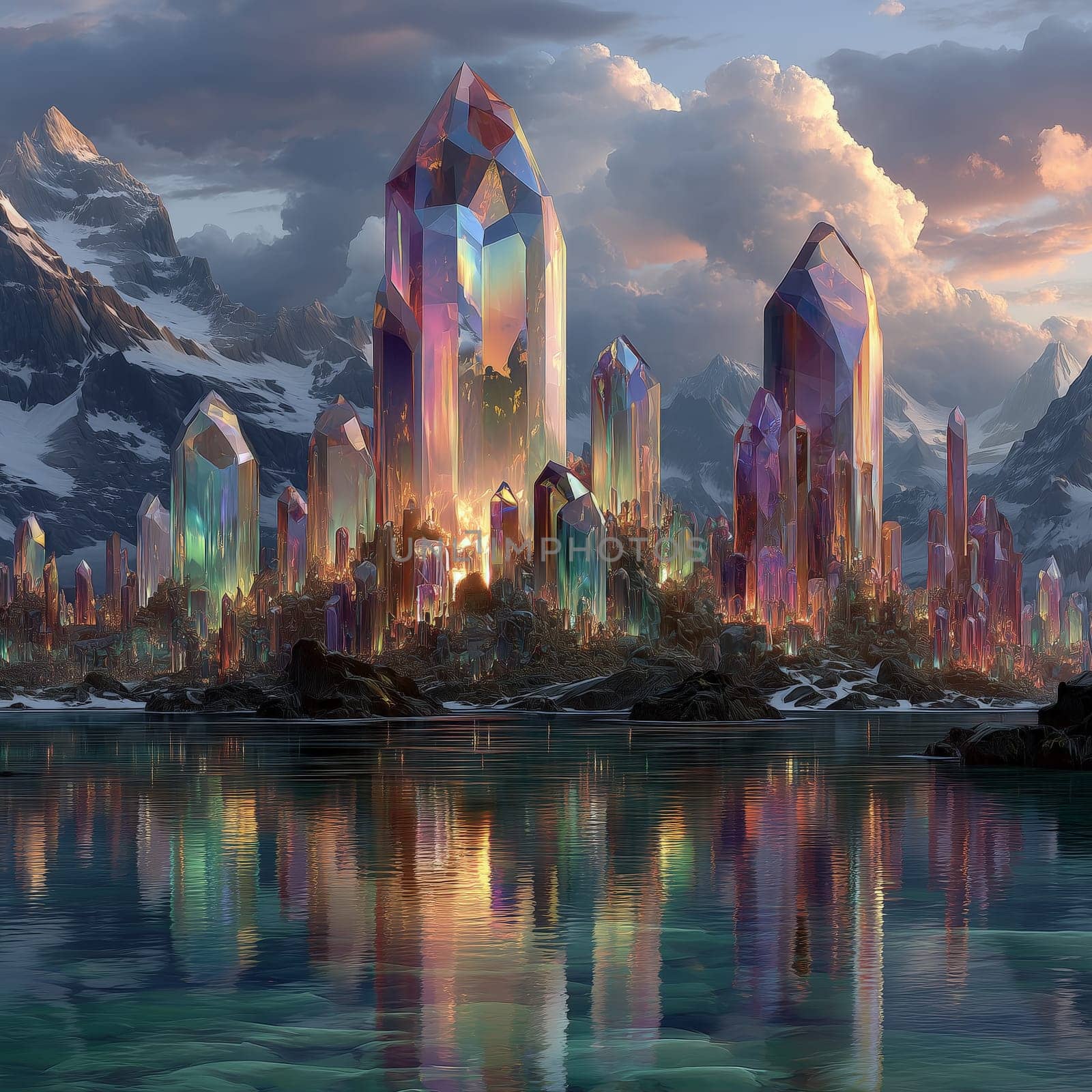Surreal landscape of a fantasy city made of giant iridescent crystals reflecting in a calm lake, surrounded by snow-capped mountains and dramatic skies.
