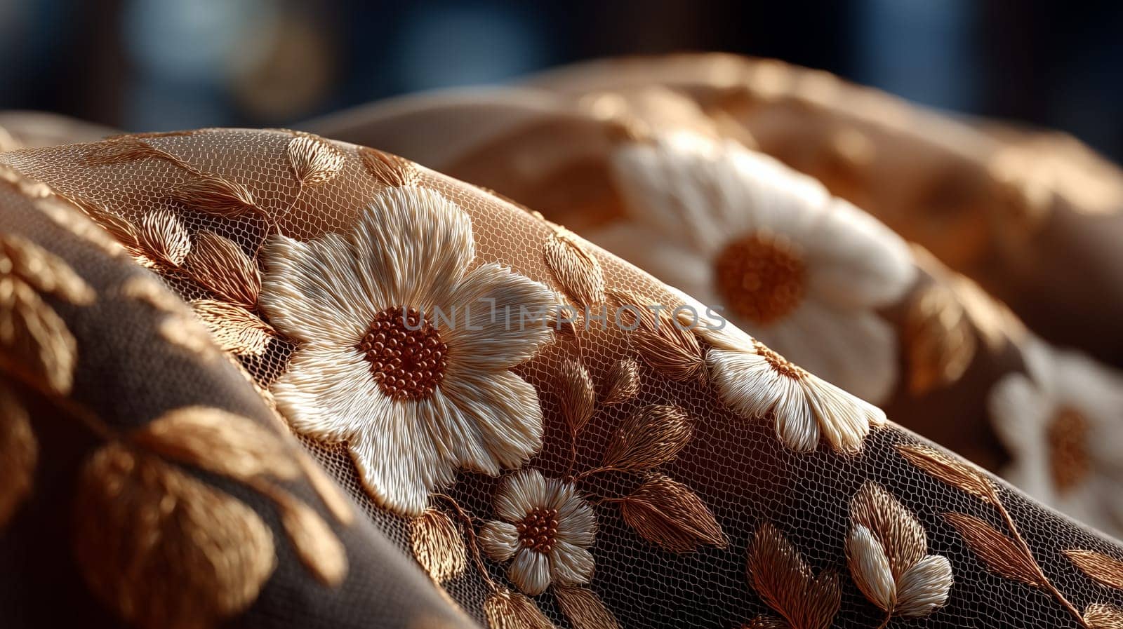 Detailed macro of delicate lace fabric featuring embroidered flowers and leaves in gold and ivory tones with fine mesh texture and soft folds.