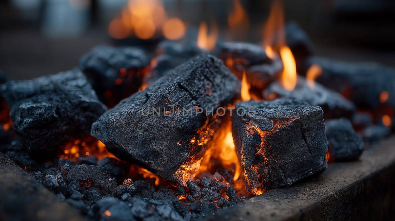 Close-up of hot charcoal briquettes burning in open flame, showing glowing embers, blackened texture, and intense orange heat in a fire pit setting.