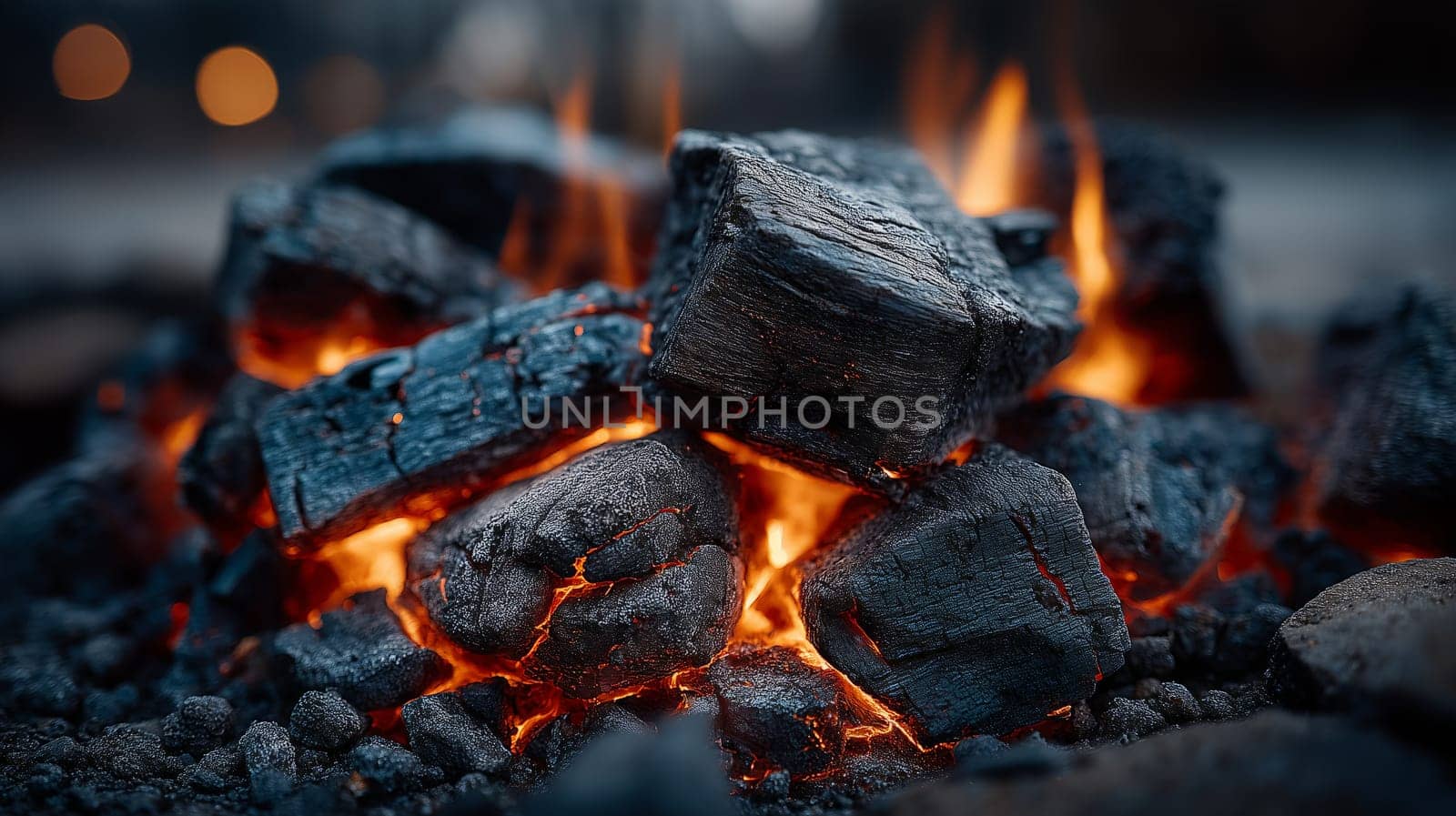 Close-up view of burning charcoal blocks with glowing red embers and rising orange flames, set in a fire pit outdoors on a dark, ashy surface.