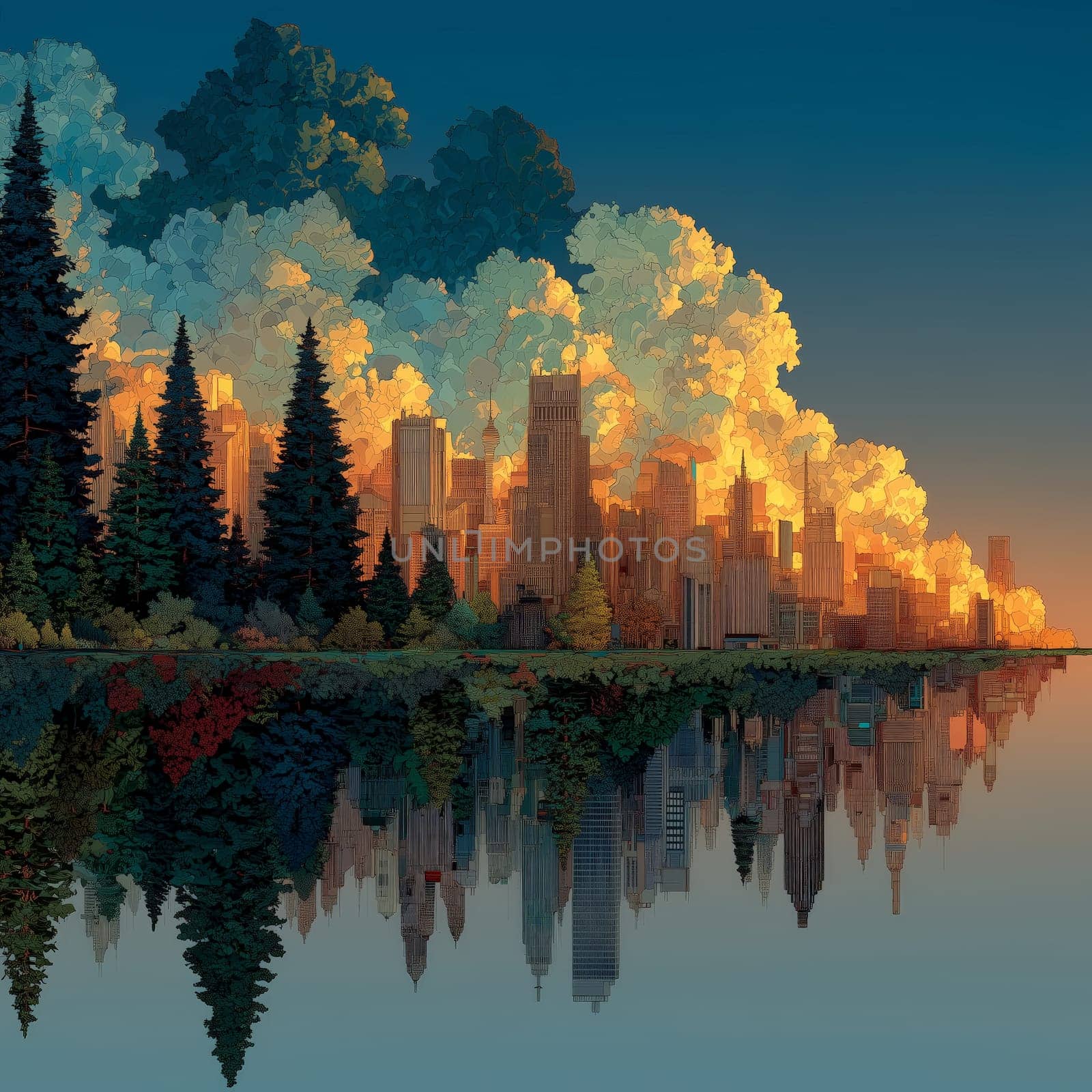 Vibrant city skyline at sunset blending into a dense pine forest, reflected perfectly in a still lake, combining nature and architecture in harmony.