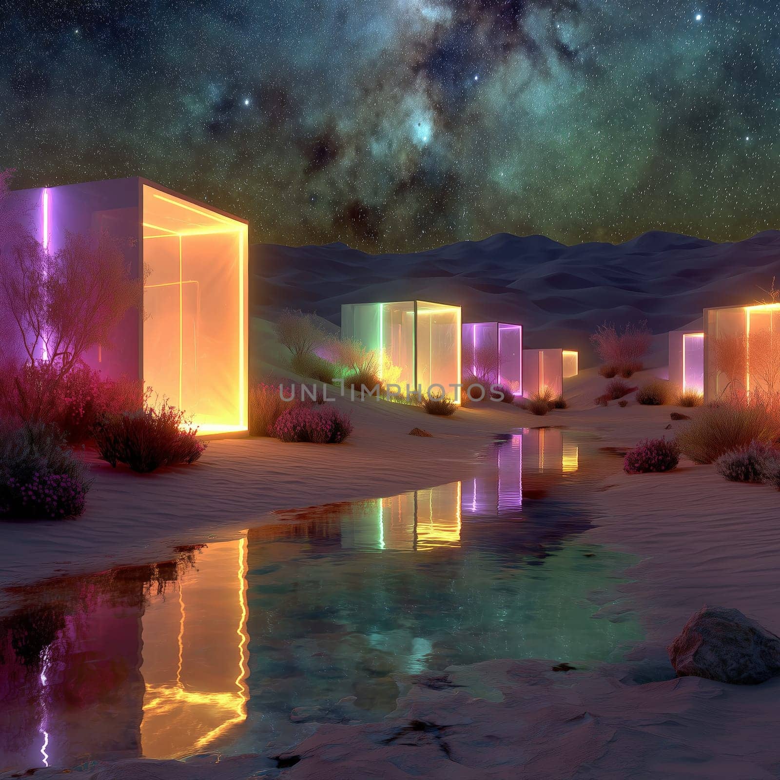 Neon-lit translucent cubes glow in a sandy desert, reflected in a stream beneath a vibrant starry sky, blending surreal architecture and natural beauty.