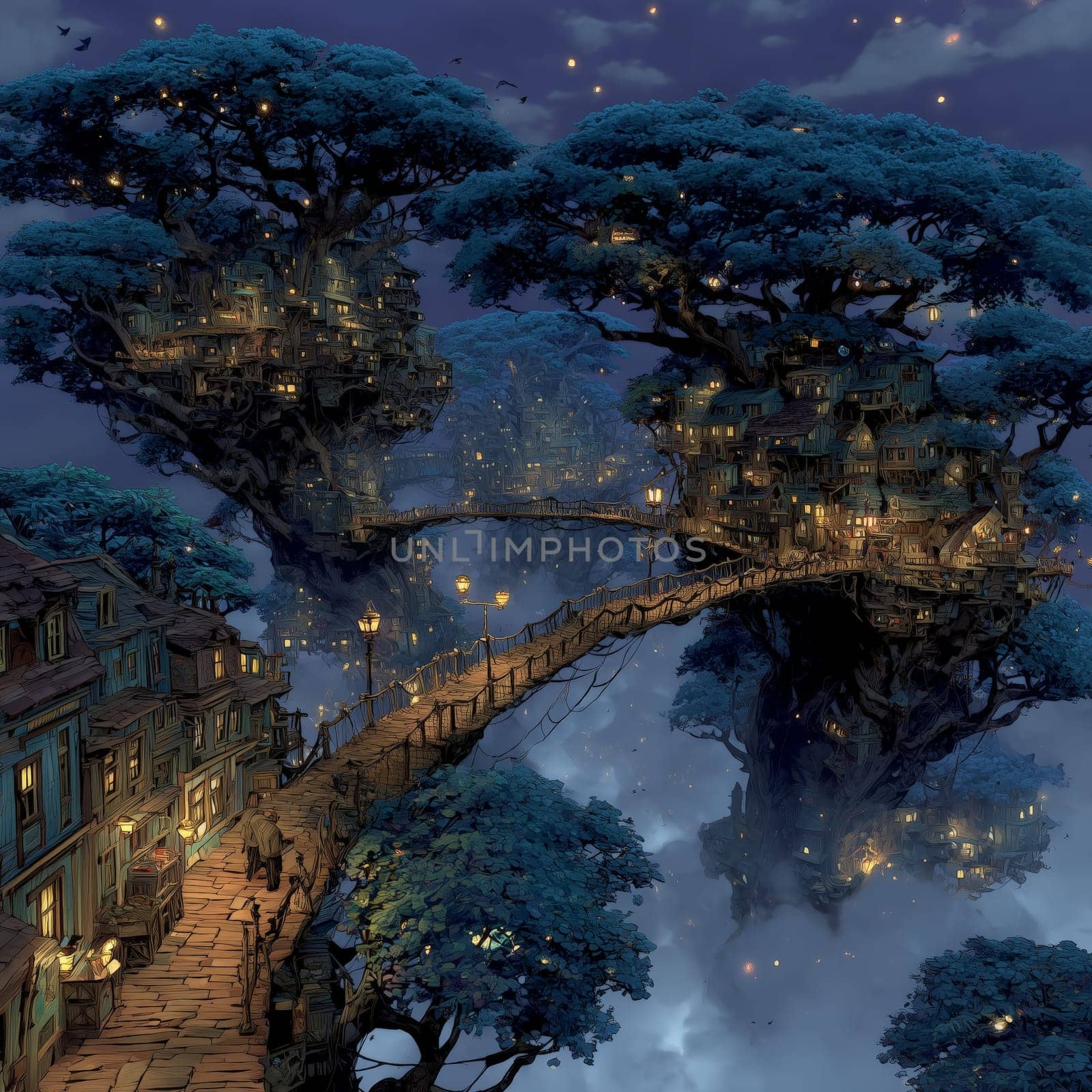 Enchanted treehouse village built into massive trees above the clouds, connected by rope bridges and glowing lanterns under a starry night sky.