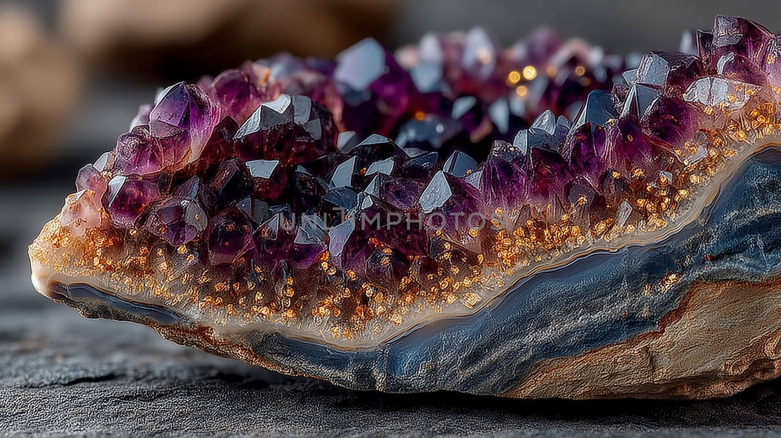 Macro shot of a natural amethyst geode showing deep purple crystals and sparkling golden inclusions on a textured rock base. No people, studio lighting.