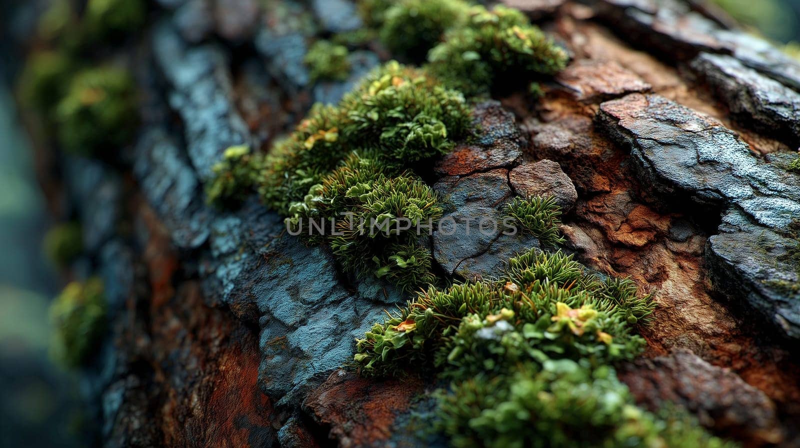 Close-up macro shot of green moss and lichens growing on rough, textured tree bark in a forest environment, highlighting natural details and surface textures.