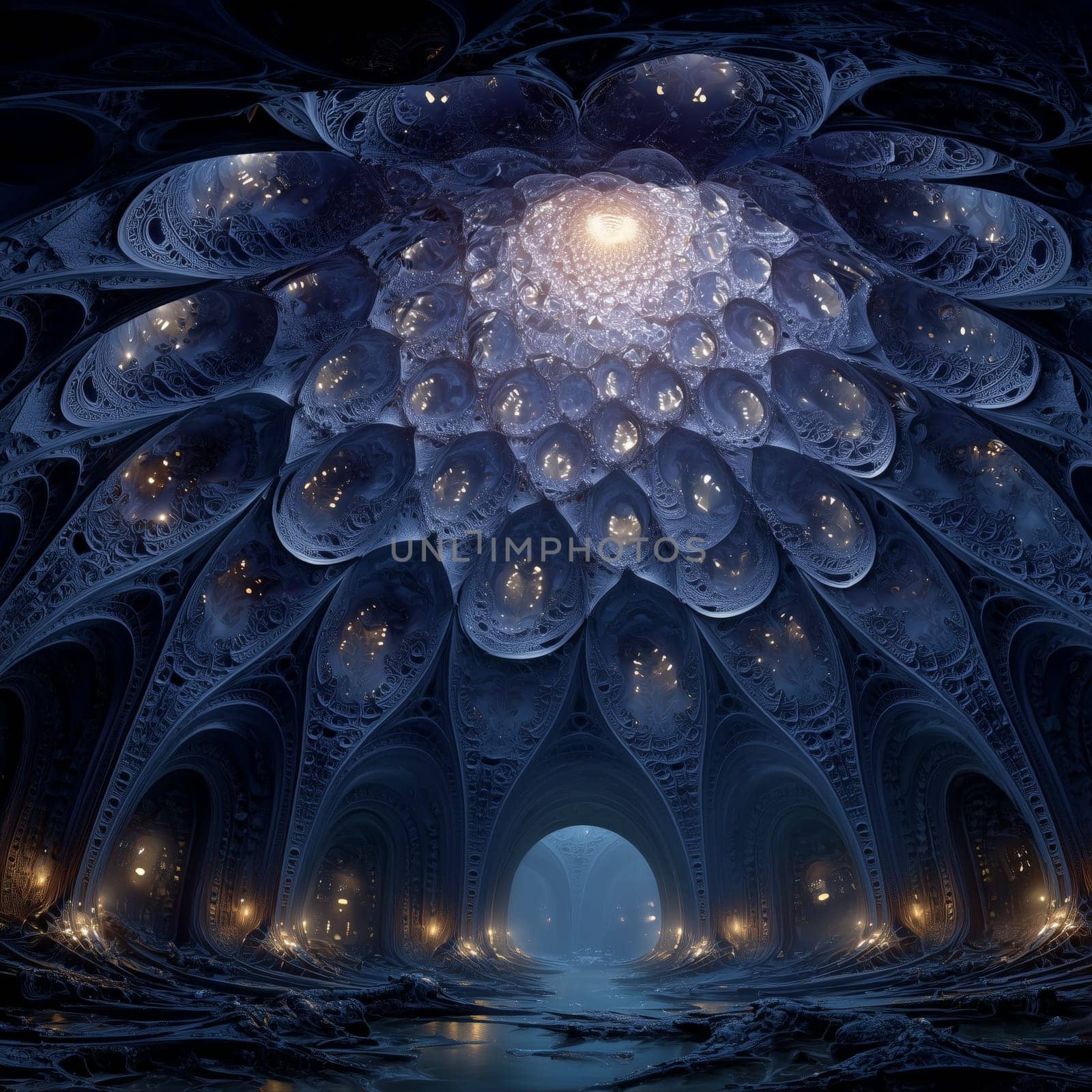 Intricate sci-fi dome interior with glowing fractal textures, arched walls, and ethereal lighting in a surreal, otherworldly environment.