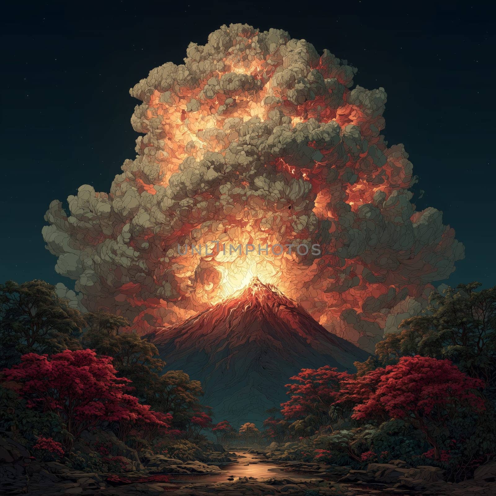 Stylized night scene of a volcano erupting with a massive glowing ash plume, surrounded by lush tropical forest with vivid red and green foliage.